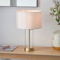 Product photograph of Laurel Glass White Fabric Drum Shade Table Lamp In Satin Brass from Furniture in Fashion