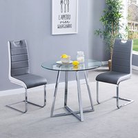 Product photograph of Melito Round Glass Dining Table With 2 Petra Grey White Chairs from Furniture in Fashion