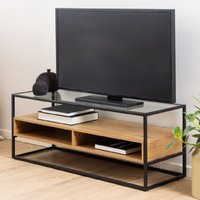 Product photograph of Regina Glass Top Tv Stand With Oak Shelves And Black Metal Frame from Furniture in Fashion