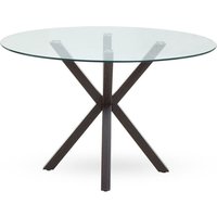 Product photograph of Sawford Round Clear Glass Dining Table With Black Wooden Legs from Furniture in Fashion