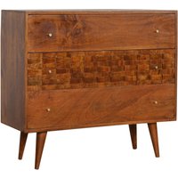 Product photograph of Tufa Wooden Tile Carved Chest Of 3 Drawers In Chestnut from Furniture in Fashion
