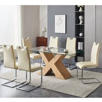 Product photograph of Zanti Glass Dining Table In Oak Base 6 Petra Cream Chairs from Furniture in Fashion