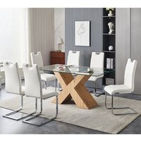 Product photograph of Zanti Glass Dining Table In Oak Base 6 Petra White Chairs from Furniture in Fashion