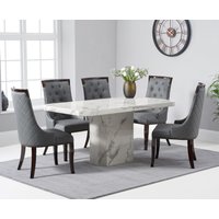 Product photograph of Belle 160cm White Marble Dining Table With 4 Grey Francesca Chairs from Oak Furniture Superstore