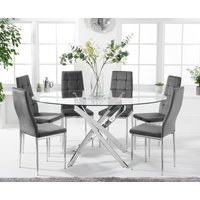 Product photograph of Bernini 165cm Oval Glass Dining Table With 6 Grey Angelo Chairs from Oak Furniture Superstore