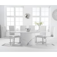 Product photograph of Colby 200cm White Oval Marble Dining Table With 6 White Malaga Chairs from Oak Furniture Superstore
