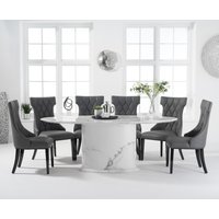 Product photograph of Colby 200cm Oval White Marble Dining Table With 6 Grey Sophia Chairs from Oak Furniture Superstore