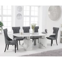 Product photograph of Antonio 220cm White Marble Dining Table With 6 Cream Sophia Chairs from Oak Furniture Superstore