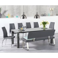 Product photograph of Seattle 200cm Dark Grey High Gloss Dining Table With 6 Grey Marco Chairs With 1 Grey Bench from Oak Furniture Superstore