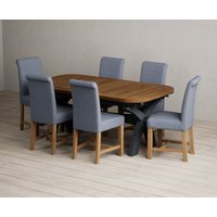 Product photograph of Extending Olympia 180cm Oak And Dark Blue Painted Dining Table With 8 Blue Scroll Back Chairs from Oak Furniture Superstore