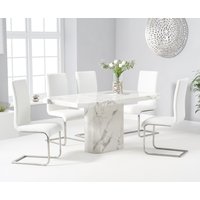 Product photograph of Belle 160cm Marble White Dining Table With 6 White Malaga Chairs from Oak Furniture Superstore