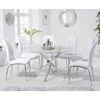 Product photograph of Comiso 120cm Round White Marble Dining Table With 6 Black Enzo Chairs from Oak Furniture Superstore