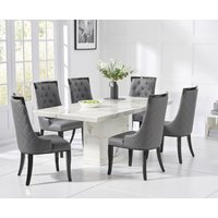 Product photograph of Carvelle 160cm White Pedestal Marble Dining Table With 6 Cream Francesca Chairs from Oak Furniture Superstore