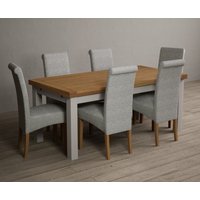 Product photograph of Extending Buxton 180cm Oak And Soft White Painted Dining Table With 10 Blue Scroll Back Chairs from Oak Furniture Superstore