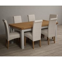 Product photograph of Extending Hampshire 180cm Oak And Soft White Painted Dining Table Scroll With 8 Blue Back Chairs from Oak Furniture Superstore