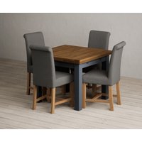 Product photograph of Extending Buxton 90cm Oak And Dark Blue Painted Dining Table With 6 Brown Scroll Back Chairs from Oak Furniture Superstore