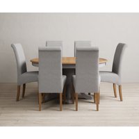 Product photograph of Extending Hertford 100cm - 130cm Oak And Light Grey Painted Pedestal Dining Table With 6 Brown Scroll Back Chairs from Oak Furniture Superstore