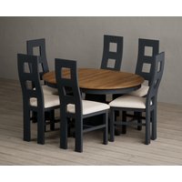 Product photograph of Extending Hertford 100cm - 130cm Oak And Dark Blue Painted Pedestal Dining Table With 6 Light Grey Painted Chairs from Oak Furniture Superstore