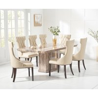 Product photograph of Carvelle 160cm Brown Pedestal Marble Dining Table With 6 Grey Sophia Chairs from Oak Furniture Superstore