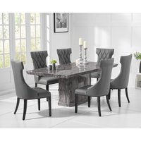 Product photograph of Carvelle 160cm Grey Pedestal Marble Dining Table With 6 Cream Sophia Chairs from Oak Furniture Superstore