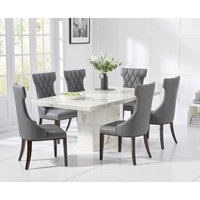 Product photograph of Carvelle 200cm White Pedestal Marble Dining Table With 8 Grey Sophia Chairs from Oak Furniture Superstore
