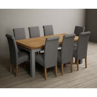 Product photograph of Extending Buxton 180cm Oak And Light Grey Painted Dining Table With 10 Blue Scroll Back Chairs from Oak Furniture Superstore