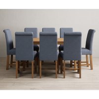 Product photograph of York 150cm Solid Oak Dining Table With 6 Blue Scroll Back Chairs from Oak Furniture Superstore