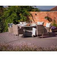 Product photograph of 6 Seat Rattan Garden Dining Set With Large Round Table In Grey With Fire Pit - Cambridge - Rattan Direct from Rattan Direct