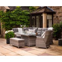 Product photograph of Reclining Rattan Corner Sofa Set With Rectangular Fire Pit Dining Table In Grey - Fiji - Rattan Direct from Rattan Direct
