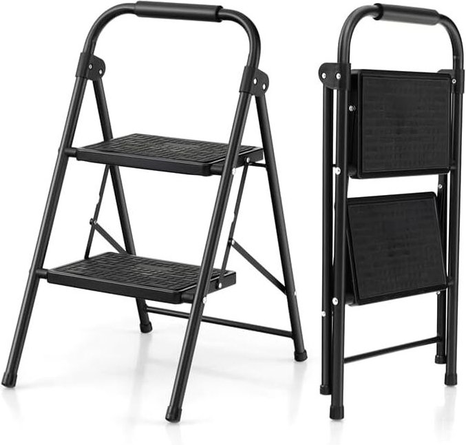 Costway - Klapptritt 2 Stufen, Trittleiter Klappbar Metal, 265 kg Tragkraft, Klappleiter mit gepolstertem Handgriff & An...