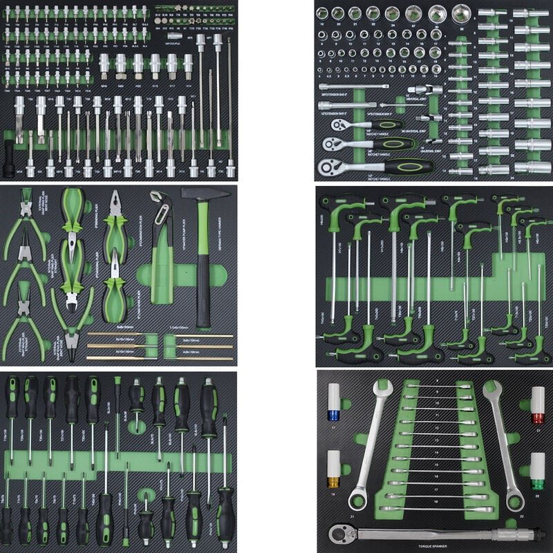 6 x Werkstattwageneinlagen 520 x 400 mm bestückt mit 254 Teilen Chrom-Vanadium Werkzeug grün