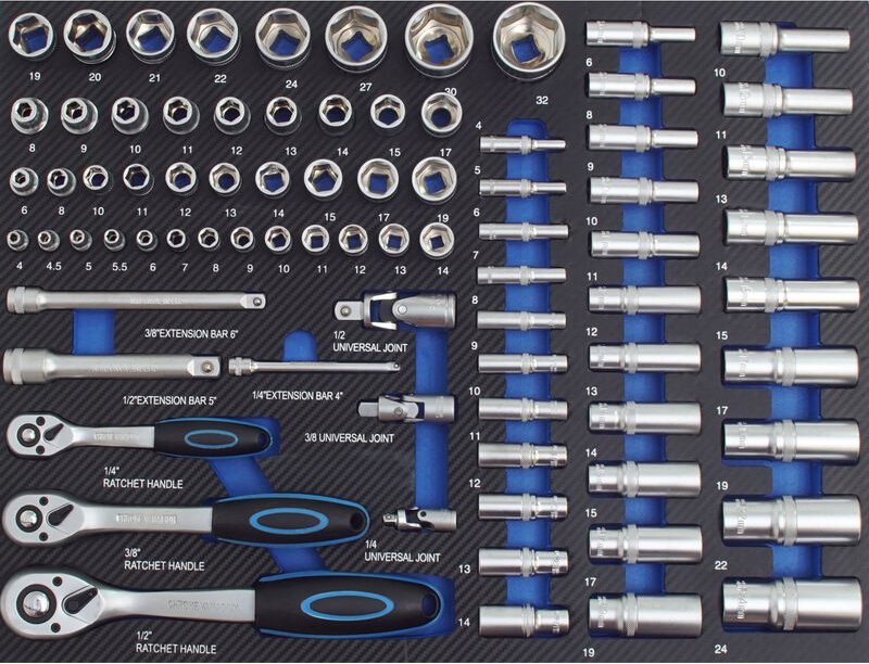 Baumarktplus - Profi Werkstattwagen Einlage blau Steckschlüsselsatz 80 tlg. Schaum 520x400mm