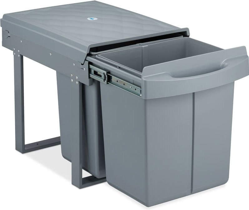 Relaxdays - Einbaumülleimer 2-fach, ausziehbar, Duo Küchenmülleimer für Unterschrank, 2x 20 l, 41,3 x 34 x 51,8 cm, grau