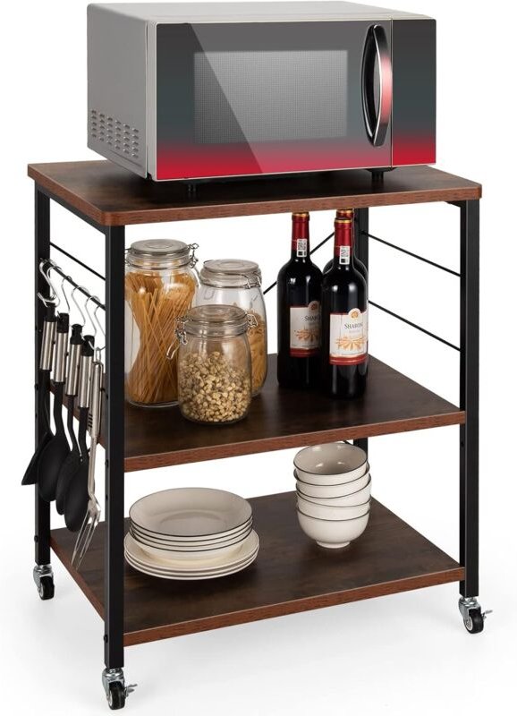 3 Ebenen Servierwagen mit 10 abnehmbaren Haken, Küchenwagen Rollwagen mit Verstellbarer Ablage, Haushaltswagen mit Unive...