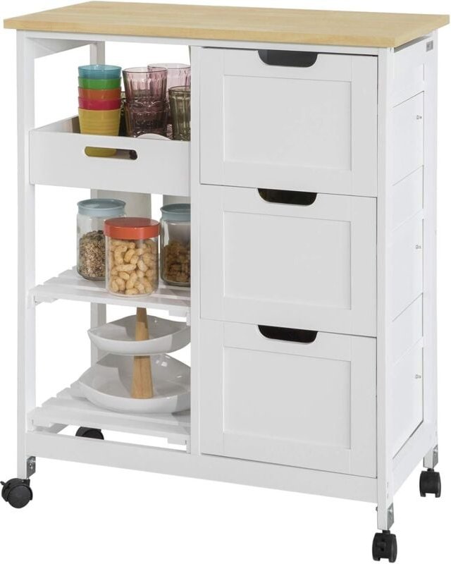 FKW79-W Küchenwagen Servierwagen mit arbeitsplatte Beistellwagen Rollwagen mit 3 Schubladen und 3 Ablagen Weiß bht ca.: ...