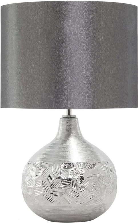 Beliani - Tischlampe Silber geschwungener Porzellanfuß Stoffschirm Grau Kabel mit Schalter Moderner Glamouröser Stil