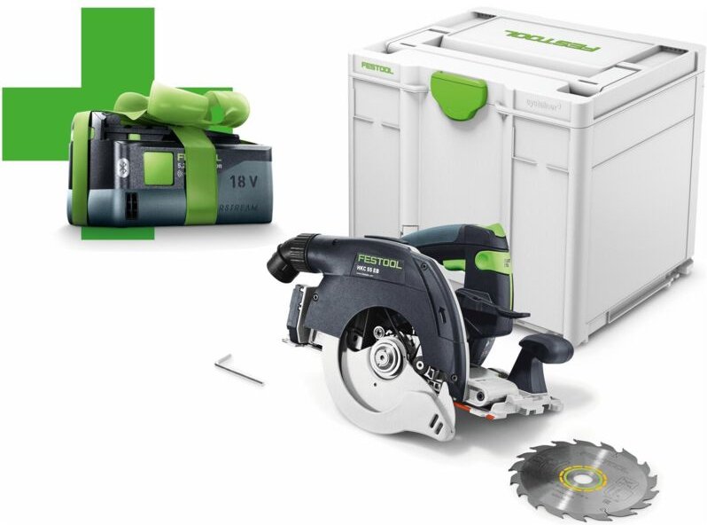 Aktion: Festool Akku-Handkreissäge hkc 55 EB-Basic-5,0 – 577034 - inkl. 1 Gratis-Akku im Lieferumfang