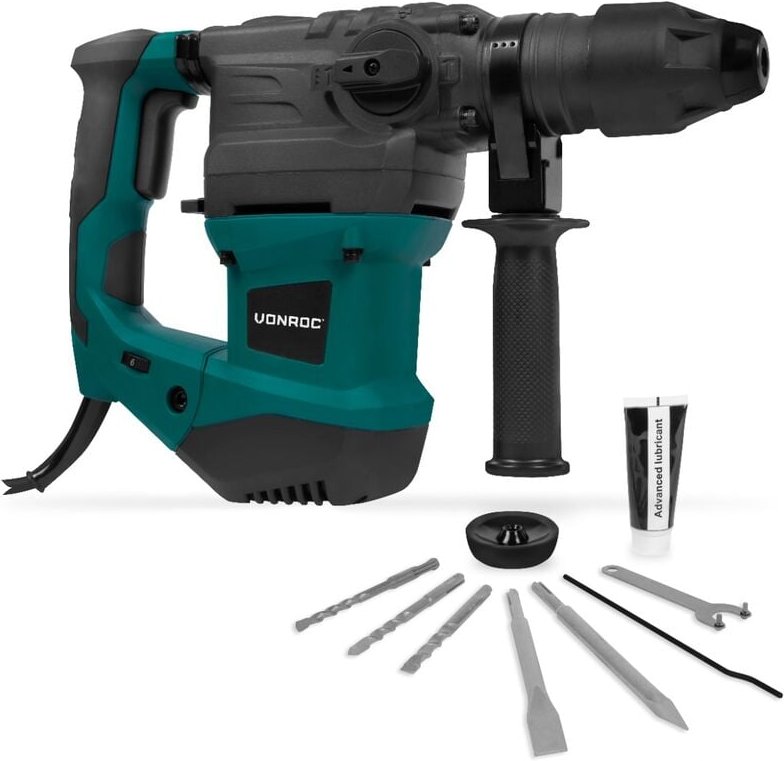 Bohrhammer 1500W - 6 Joule - Regelbare Drehzahl - sds plus - 4 Funktionen - Inkl. Bohrer und Meißel