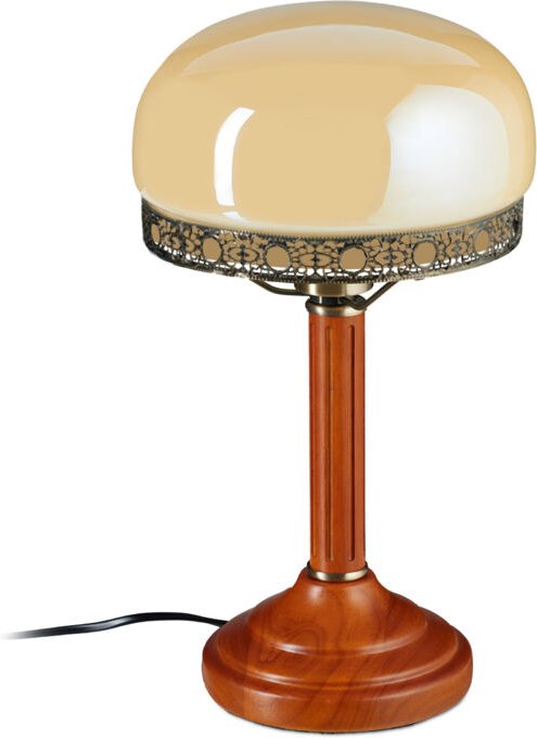 Relaxdays - Tischlampe Rund Holzfuß Nostalgie Jugendstil Look, beige / messing-optik 10016611