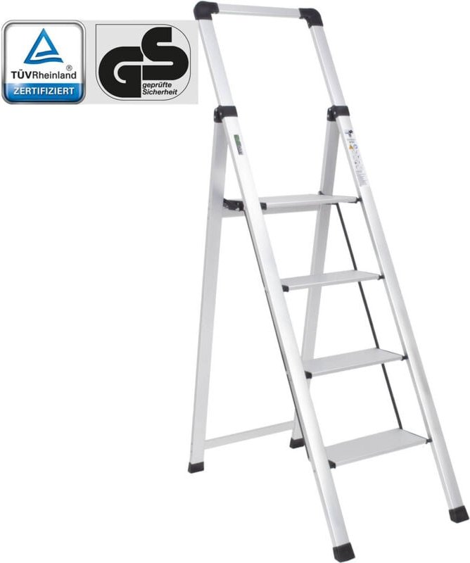 Alu Trittleiter 4-stufig silber klappbar mit Handlauf 150 kg TÜV GS
