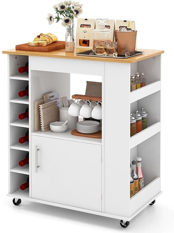 COSTWAY Küchenwagen auf Rollen, Servierwagen mit Arbeitsplatte & Handtuchhalter & Gewürzregalen, Weinregal für 6 Flasche...
