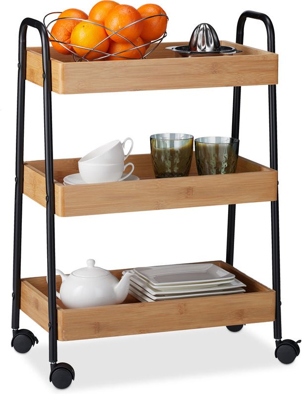 Servierwagen Bambus, 3 Ablagen, 360° drehbare Rollen, mit Griffen, Stahlgestell, hbt 70x49x28cm, natur/schwarz - Relaxda...