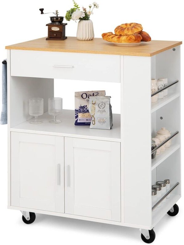 Küchenwagen auf Rollen, Servierwagen mit Arbeitsplatte & Handtuchhalter & 3 Gewürzregalen & Schublade, Holz, für Küche, ...