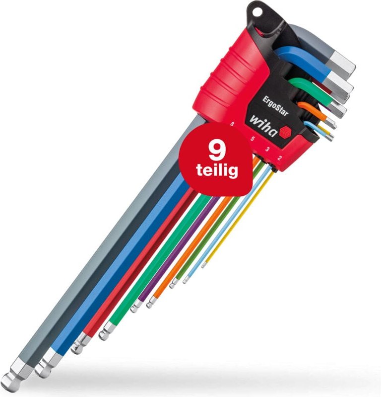 Wiha Stiftschlüssel Set 9-tlg. im ErgoStar Halter i 1,5 mm - 10 mm i Sechskant-Kugelkopf i farbig leuchtend i Winkelschl...
