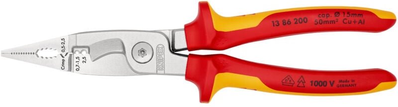 KNIPEX 13 86 200 Elektro-Installationszange isoliert mit Mehrkomponenten-Hüllen, VDE-geprüft verchromt 200 mm