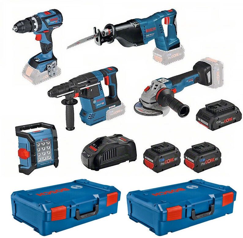 Bosch - Kit mit 5 18-V-Werkzeugen + 3 Akkus + Ladegerät + 2 XL-Boxxen 0615990M2X