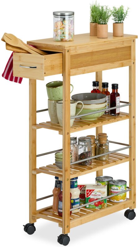 Küchenwagen, Bambus, Schublade, 3 Ablagen, Gewürze, Vorräte, hbt: 86,5 x 25 x 50,5 cm, Rollwagen, natur/silber - Relaxda...