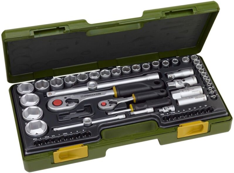 Proxxon Steckschlüsselsatz 1/4 u.1/2 Zoll 65 tlg.4-34 mm Schlitz/PH/PZD/TX/6 KT