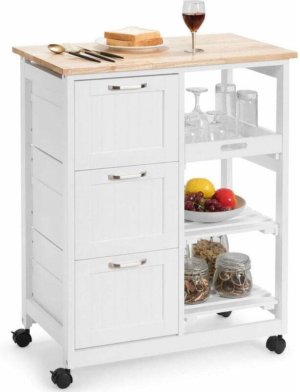 Küchenwagen mit Tablett, 2 Ebenen Lagerregal und 3 grossen Schubladen, Küchenschrank rollbar, Kücheninsel aus Kautschukh...