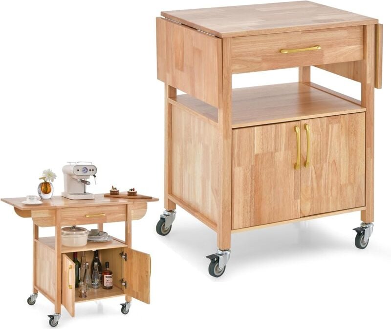 Küchenwagen auf Rollen, Servierwagen mit klappbarer Arbeitsplatte, Rollwagen mit Schublade & Schrank & offenem Fach, Küc...